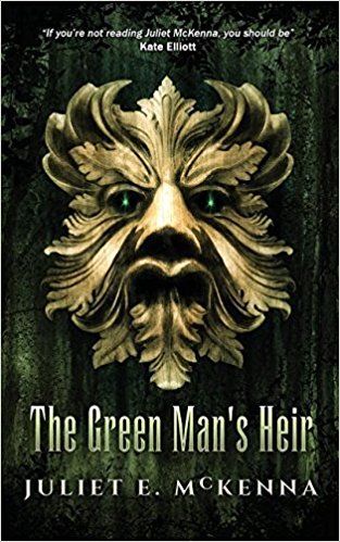 Book cover: The Green Man's Heir - Juliet McKenna (a stylised leonine or ursine face made of leaves, cast in gold or bronze)
