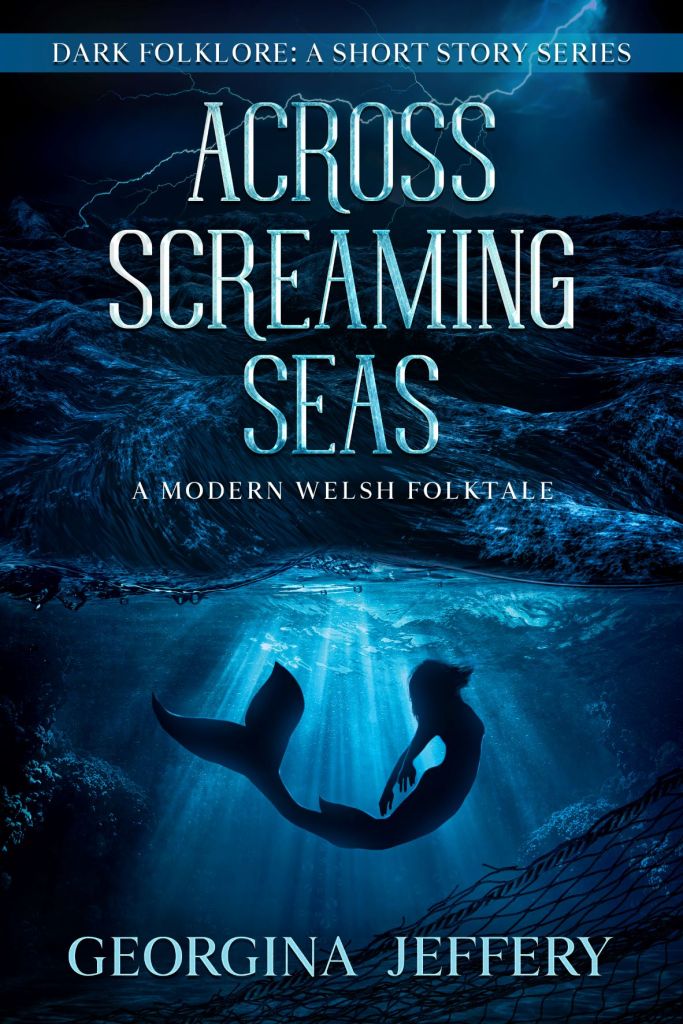 Across Screaming Seas book cover with a mermaid swimming underneath a stormy sea